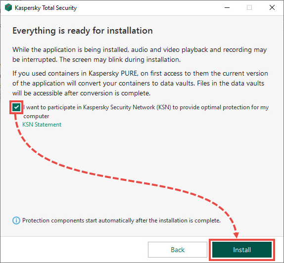 Installation wizard window with the Kaspersky Security Network Statement link and Install button.