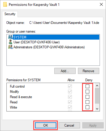 Data vault permissions window with cleared Deny checkboxes.