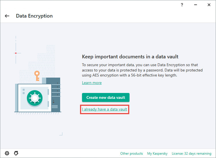 The Data Encryption window in Kaspersky Total Security.