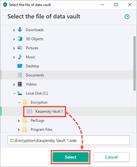 Select the file of data vault window with the path to Kaspersky vault.