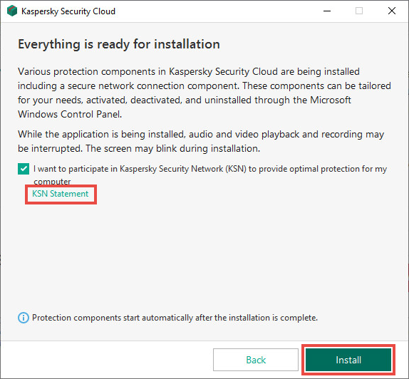 Installation wizard window with the Kaspersky Security Network Statement link and Install button.