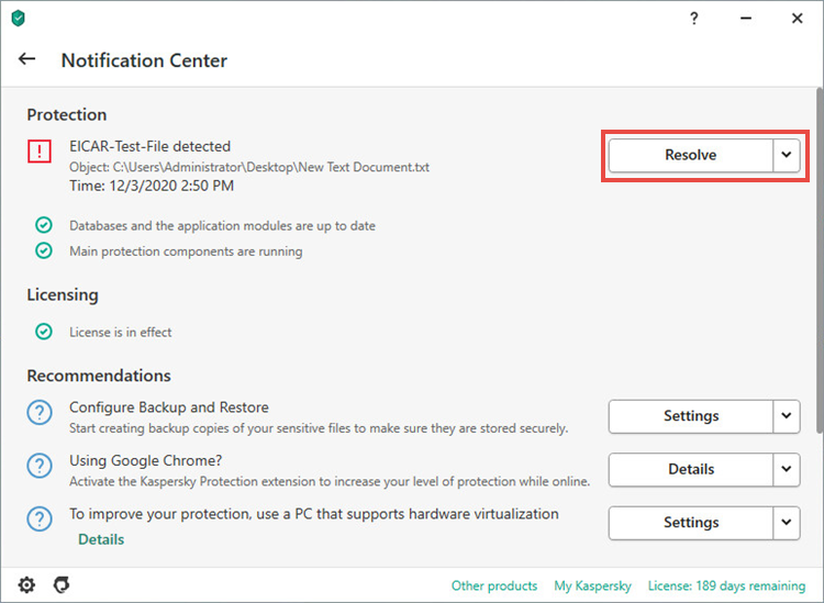 The notification center window with notifications on detected threats.