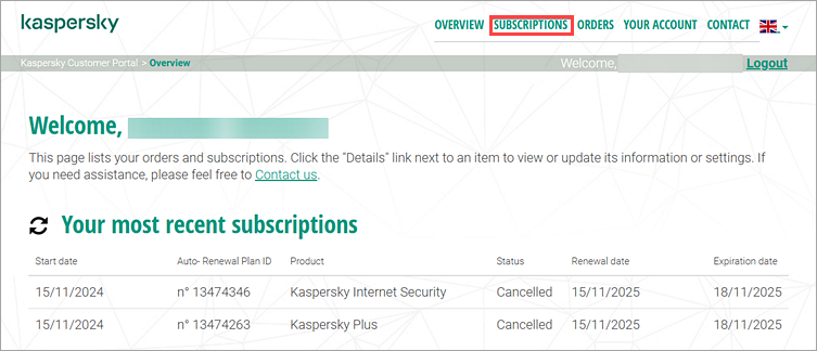 Navigating to the Subscriptions menu item.