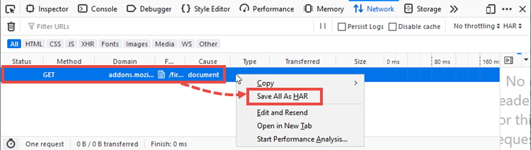 Saving HAR logs in the Firefox developer panel.