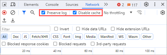 The Preserve log and Disable cache checkboxes in the Google Chrome and Yandex Browser developer panel.