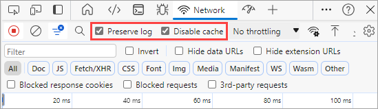 The Preserve log and Disable cache checkboxes in the Edge Chromium developer panel. 