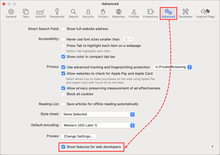 Selecting the Show features for web developers checkbox in Safari.