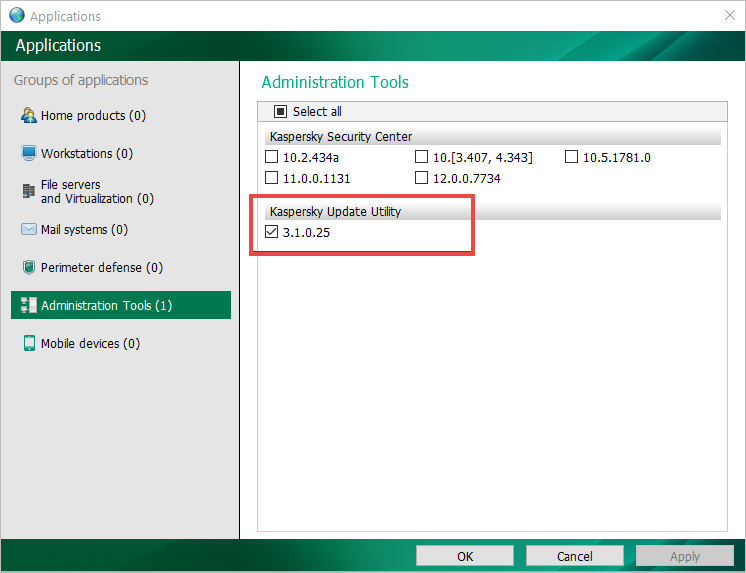 Kaspersky Update Utility selected in the Administration Tools view