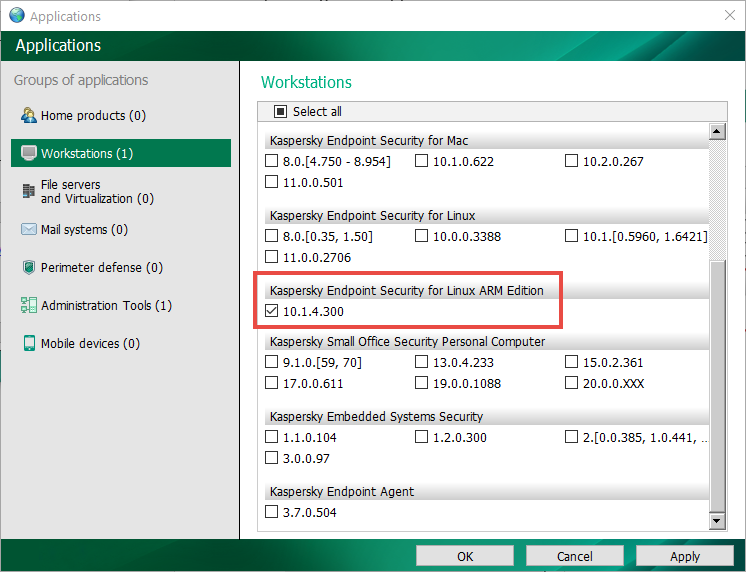 Kaspersky Endpoint Security for Linux ARM edition selected in the Workstations view