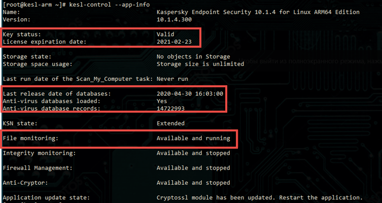 Kaspersky Endpoint Security for Linux ARM edition parameters displayed after running the command