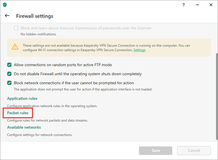 The Firewall settings window with the Packet rules link highlighted