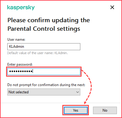 Entering a password to update Parental Control settings in Kaspersky Total Security