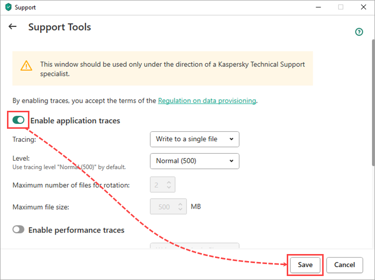 Selecting the events to trace in Kaspersky Total Security
