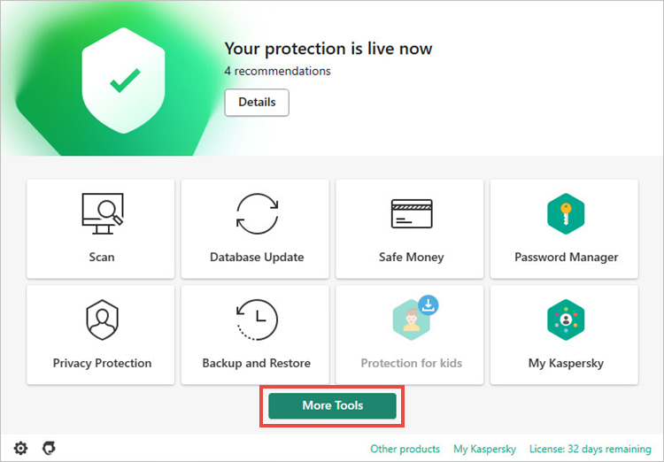 Opening the tools of a Kaspersky application.