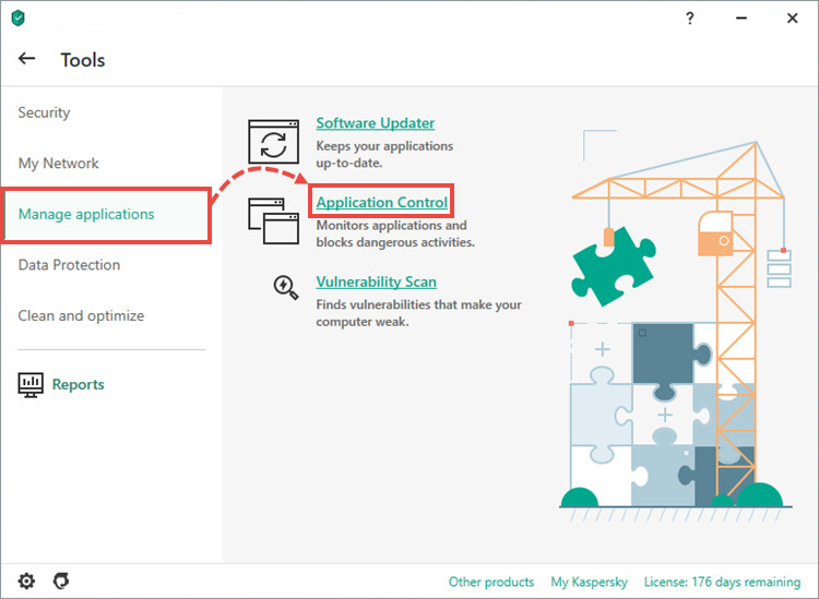 Opening the Application Control window in a Kaspersky application.