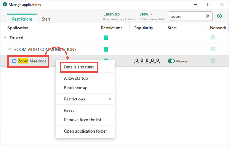 Managing the required app in a Kaspersky application.