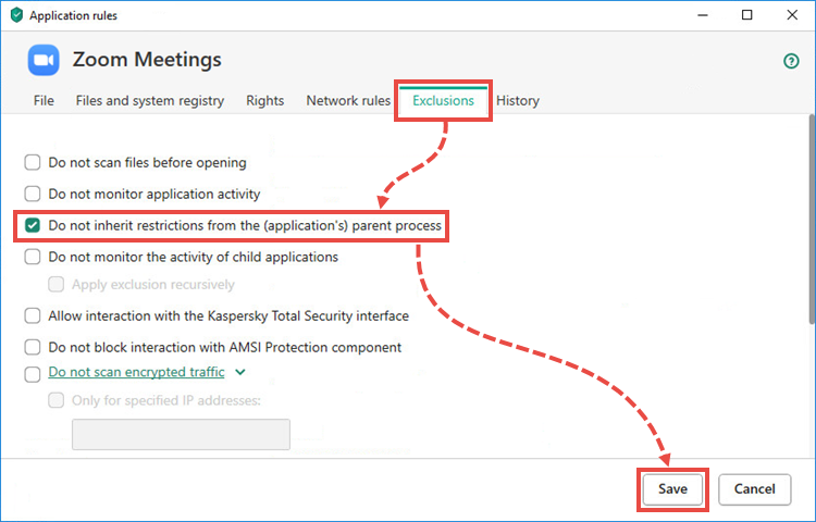 Configuring the selected app in a Kaspersky application.