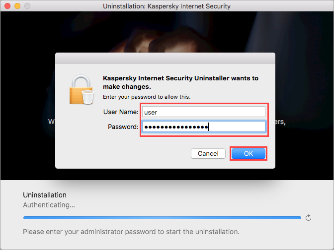 Entering the credentials for your user account to uninstall Kaspersky Internet Security for Mac