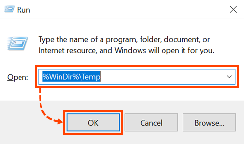 Opening the TEMP folder in Windows.
