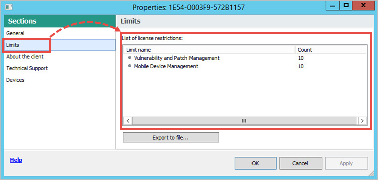 The license key properties with the Limits section open.