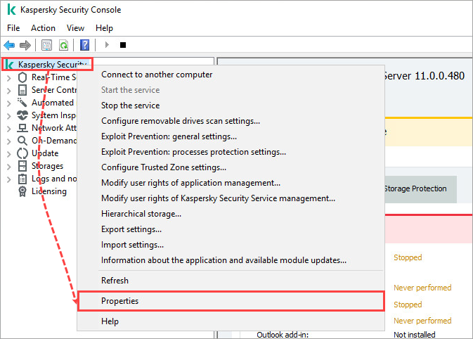 Kaspersky Security 11.x for Windows Server node properties