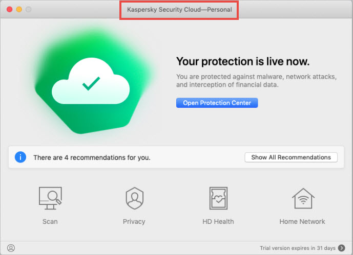 Kaspersky Security Cloud for Mac main window