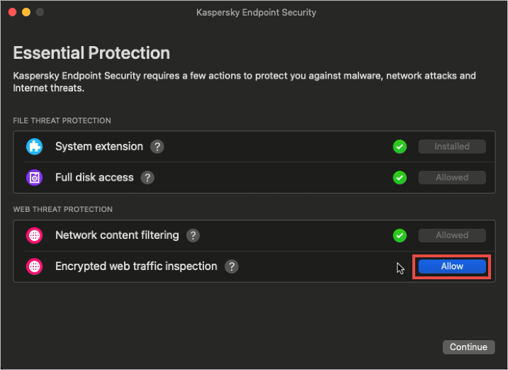 The Essential Protection window in  Kaspersky Endpoint Security 11 for Mac.