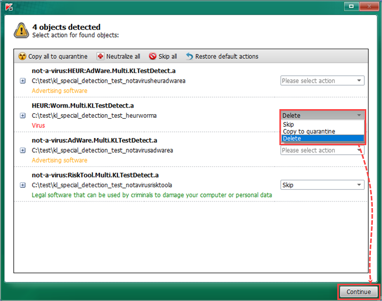 Selecting actions for detected objects in Kaspersky Virus Removal Tool