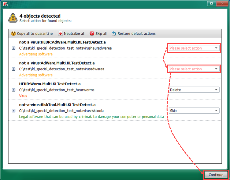 The action is not selected for some objects in Kaspersky Virus Removal Tool