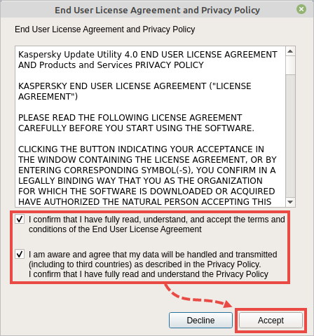 License agreement and Privacy policy window
