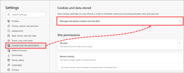 The Settings window in Microsoft Edge with Cookies and site permissions item selected.