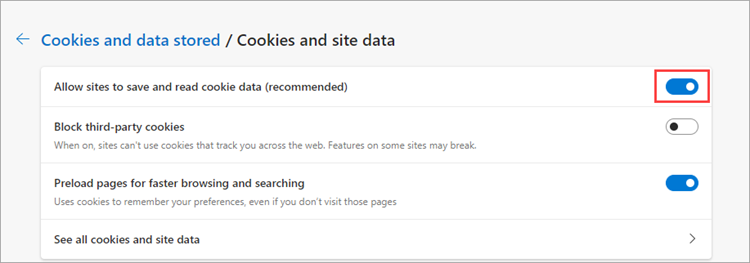The Allow sites to save and read cookie data (recommended) toggle in the enabled position.