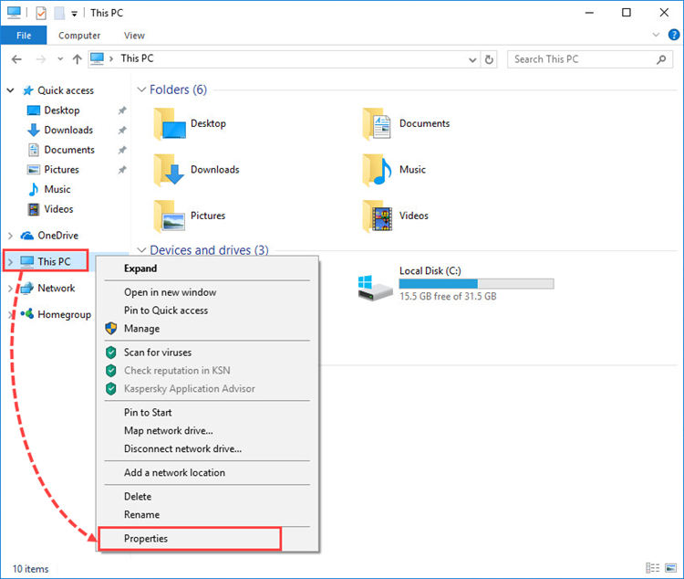 Opening system properties in Windows 10