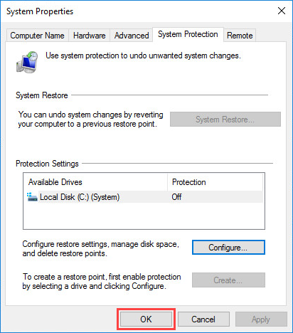Completing the disabling of system protection in Windows 10