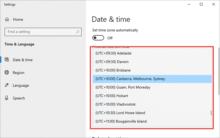 Selecting a time zone in Windows