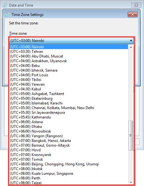 Selecting a time zone in Windows Vista / Windows 7