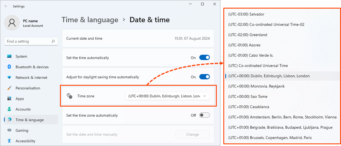 Selecting a time zone in Windows 11.