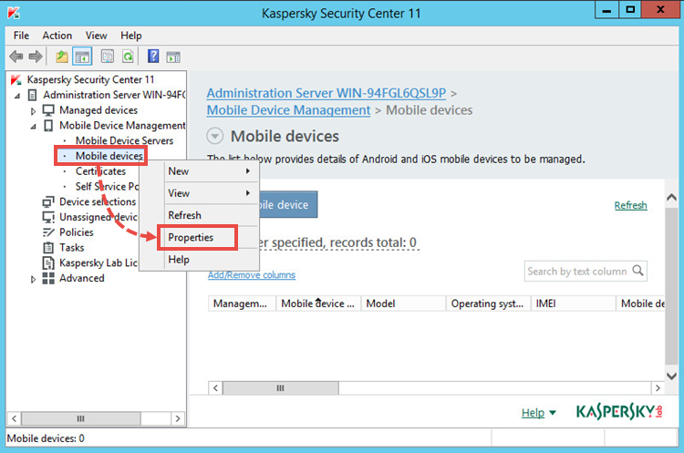 Kaspersky Security Center window with the Mobile Devices section selected