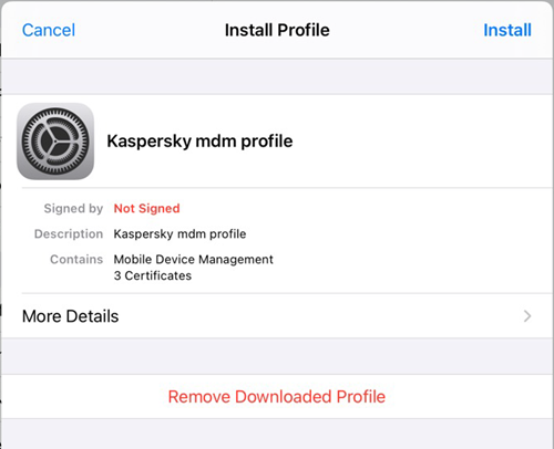 The certificate wasn't signed warning during the installation of the iOS MDM profile