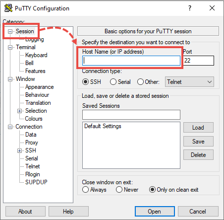 Enering the host name or IP address for connection