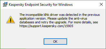 Error upgrading Kaspersky Endpoint Security for Windows