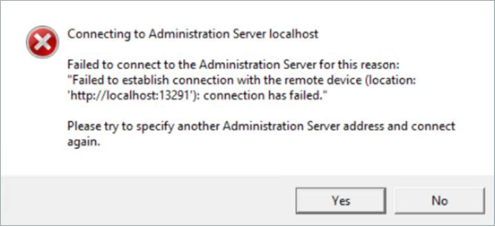 Error “Failed to connect to the Administration Server” in Kaspersky Security Center