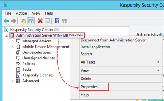 Opening the Administration Server properties in Kaspersky Security Center