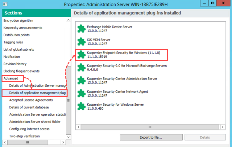 Details of Kaspersky Endpoint Security for Windows plug-in installed