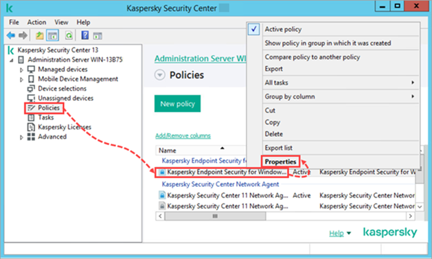 Opening properties of the Kaspersky Endpoint Security for Windows policy