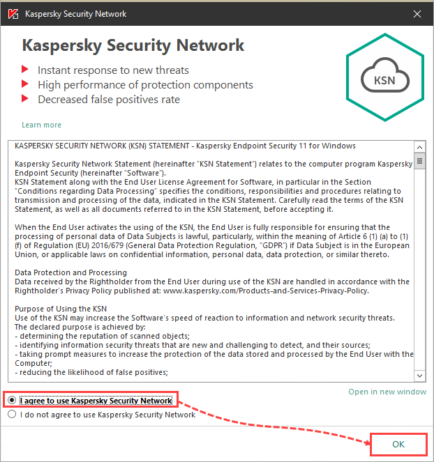 Accepting the Kaspersky Security Network statement