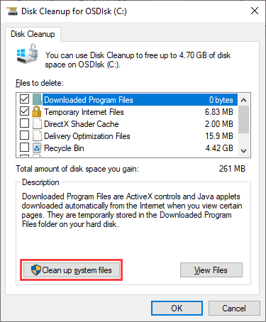 Selecting the Clean up system files option.