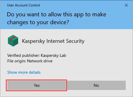 Разрешение установки Kaspersky Internet Security в окне Контроля учетных записей
