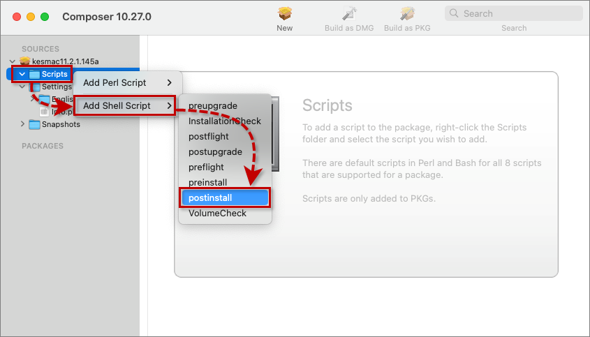 Adding the postinstall script in the Scripts folder in Jamf Composer