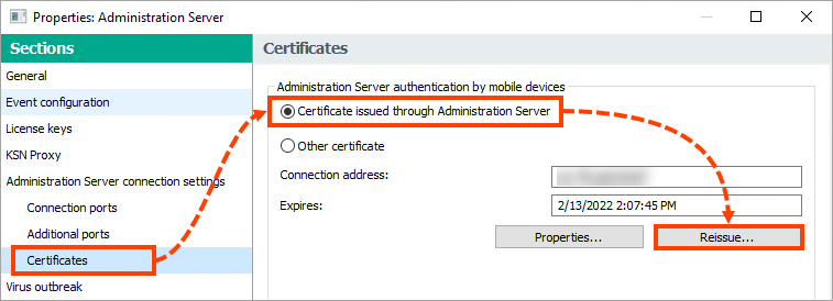 Proceeding to the certificate reissue in Kaspersky Security Center